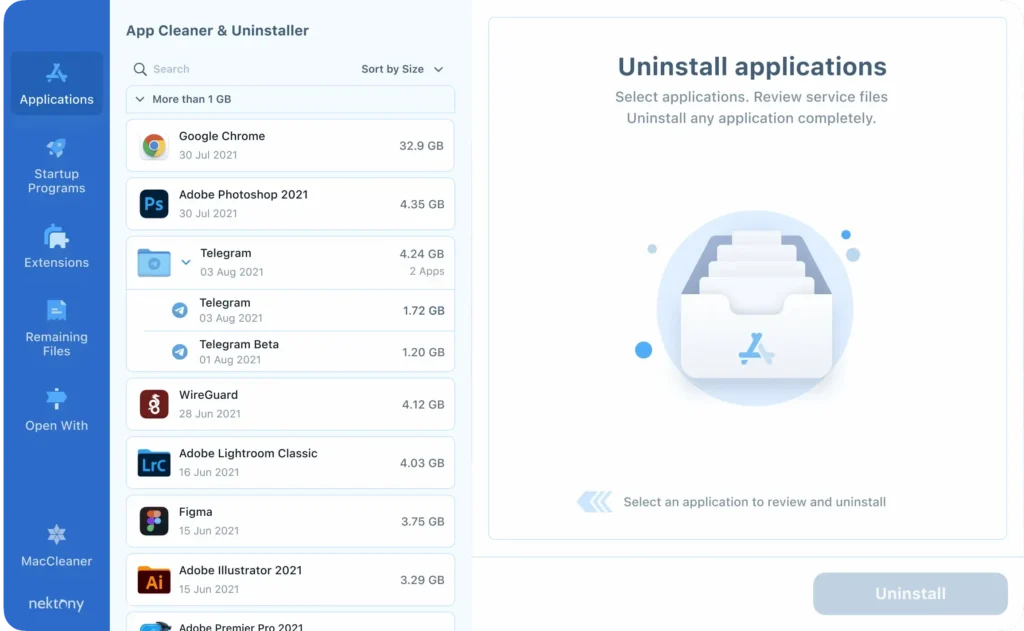 App cleaner and uninstaller interface